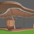 Wooden Pergola With Wavy Roof And Support Columns On Grass Platform