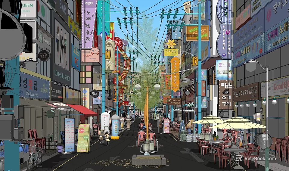 Vibrant Commercial Street With Colorful Shop Signboards Outdoor Seating And Pedestrians 3d model 