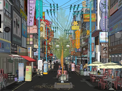 Vibrant Commercial Street With Colorful Shop Signboards Outdoor Seating And Pedestrians 3d model