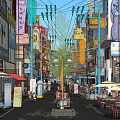 Vibrant Commercial Street With Colorful Shop Signboards Outdoor Seating And Pedestrians