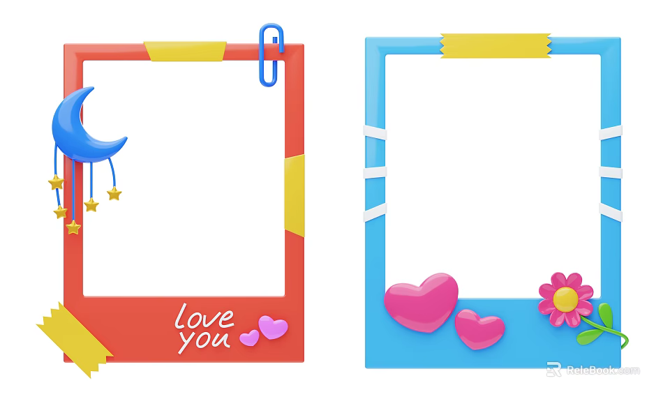 Colorful Decorative Photo Frames With Moon Stars Hearts Flower Tape And Clips 3d model 