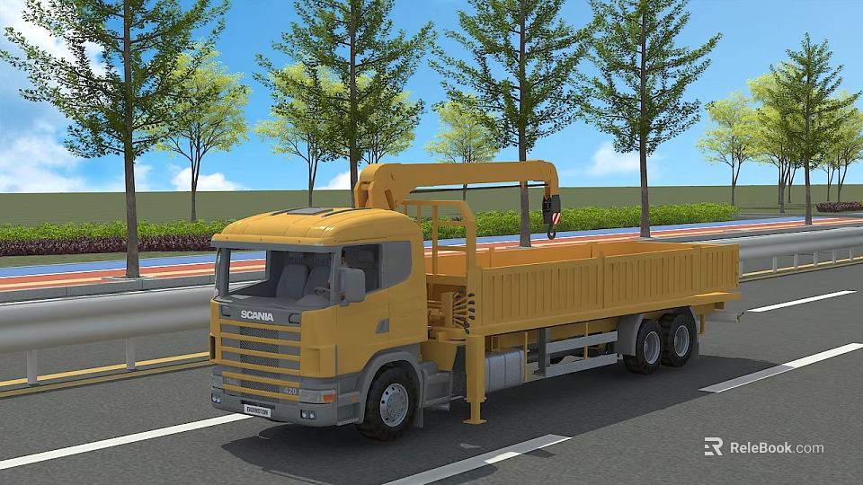 Yellow Crane Utility Truck Driving On Road With Green Trees And Guardrails 3d model 