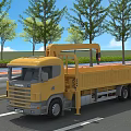 Yellow Crane Utility Truck Driving On Road With Green Trees And Guardrails
