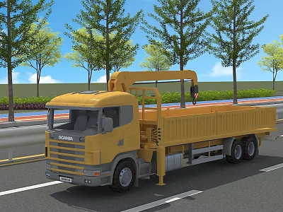 Yellow Crane Utility Truck Driving On Road With Green Trees And Guardrails 3d model