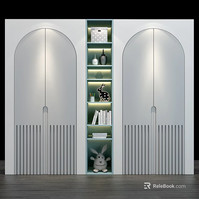 Modern Arched Wardrobe Design with Central Shelving Decorative Items Books and Ambient Lighting 3d model 