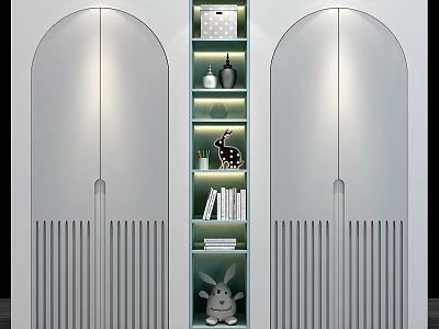Modern Arched Wardrobe Design with Central Shelving Decorative Items Books and Ambient Lighting 3d model