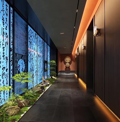 Hotel Corridor With Blue Calligraphy Walls Green Plants Stone Flooring And Warm Lighting 3d model