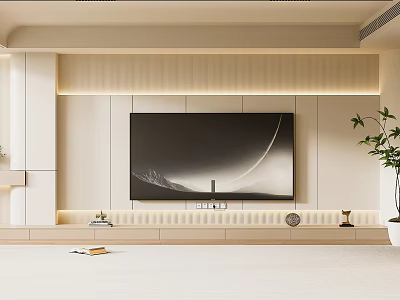 Elegant Modern TV Wall Interior With Wooden Panels LED Lighting And Decorative Plants 3d model