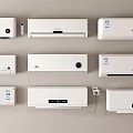 Different Wall Mounted Air Conditioners Arranged In Row On Beige Wall 3d model