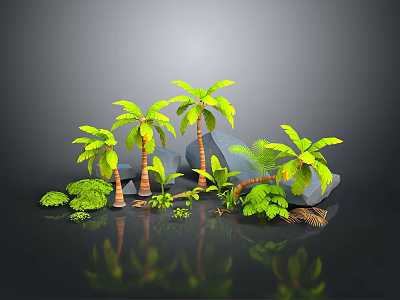 Modern SUV Car In 3D Render Scene With Palm Trees Stones And Green Plants 3d model