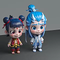 Cute 3D Game Movie Characters Featuring Black Hair Red Yellow Outfit Blue Hair White Attire