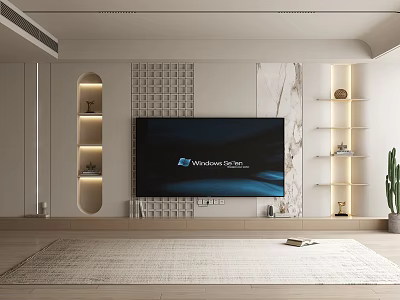 Modern TV Wall Design with Large Screen TV Wooden Grid Recessed Lighting and Open Shelves 3d model