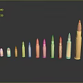 Different Sizes And Colors Bullets Arranged On Black Background With Reflections