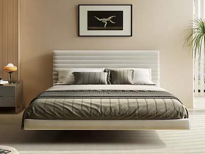 Modern Double Bed with White Striped Headboard Gray Pillows Bedspread Lamp Art and Green Plant 3d model