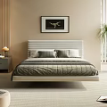 Modern Double Bed with White Striped Headboard Gray Pillows Bedspread Lamp Art and Green Plant