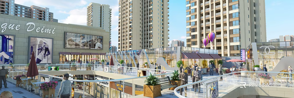 Modern Commercial Street with Tall Buildings Pedestrians and Green Plants 3d model 