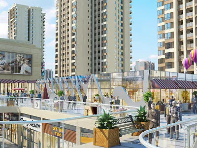 Modern Commercial Street with Tall Buildings Pedestrians and Green Plants 3d model