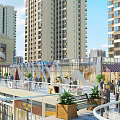 Modern Commercial Street with Tall Buildings Pedestrians and Green Plants
