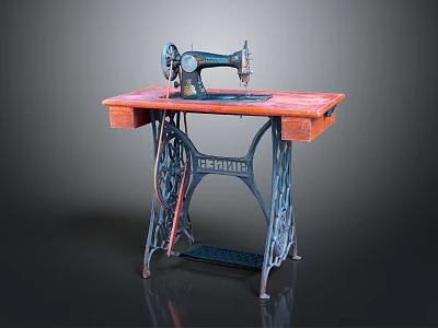 Vintage Sewing Machine Table With Classic Metal Frame And Wooden Worktop 3d model