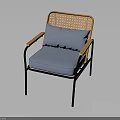 Modern Wicker Back Chair With Light Blue Cushion Wooden Armrests And Black Metal Frame