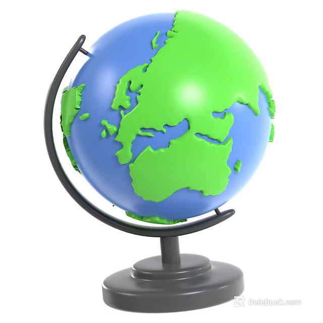 Detailed 3D Globe Model With Green Landmass Blue Ocean And Black Stand 3d model 