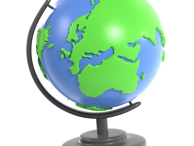 Detailed 3D Globe Model With Green Landmass Blue Ocean And Black Stand 3d model