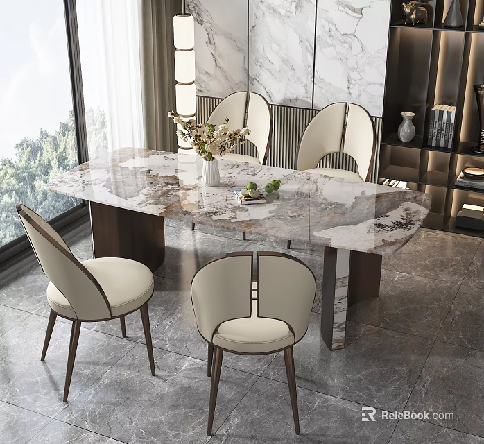 Modern Marble Top Dining Table Set With Chairs And Green Plants 3d model