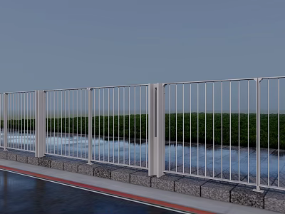 Durable White Steel Fence Alongside Road With Green Grassland And Water Surface 3d model