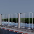 Durable White Steel Fence Alongside Road With Green Grassland And Water Surface