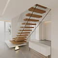 Modern Minimalist Wooden And White Staircase Design In Interior With Green Plant White Walls