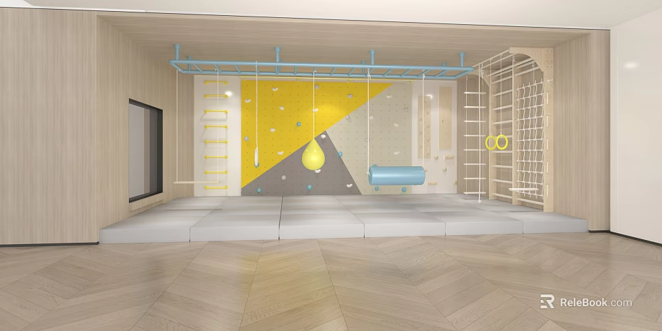 Indoor Sports Equipment Featuring Climbing Wall Horizontal Bar And Rings In Wooden Design Space 3d model 