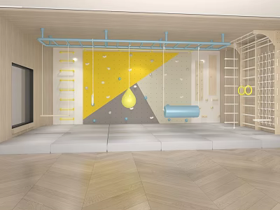 Indoor Sports Equipment Featuring Climbing Wall Horizontal Bar And Rings In Wooden Design Space 3d model
