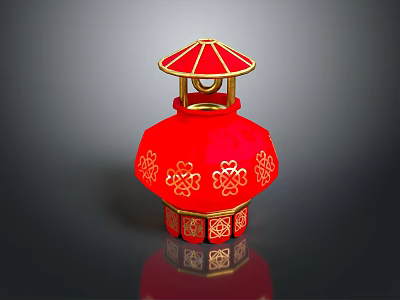 Red Chinese Lantern With Golden Decorative Patterns And Umbrella Shaped Top 3d model
