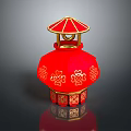 Red Chinese Lantern With Golden Decorative Patterns And Umbrella Shaped Top