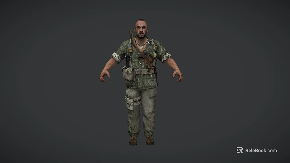 Muscular Man In Military Style Camouflage Uniform With Tactical Gear Utility Pouches And Shoulder Strap 3d model 