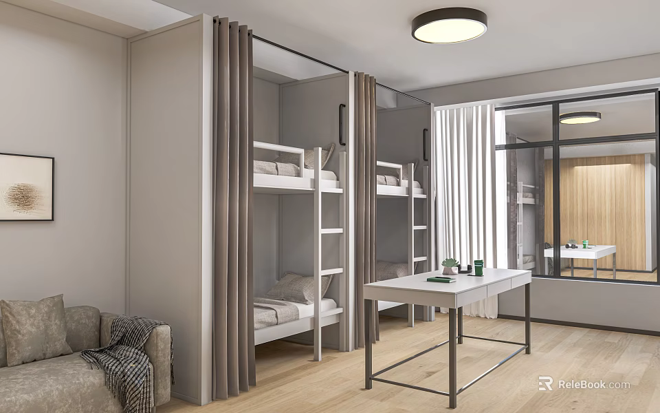 School Dormitory Interior With Bunk Beds Study Desk Sofa And Window 3d model 