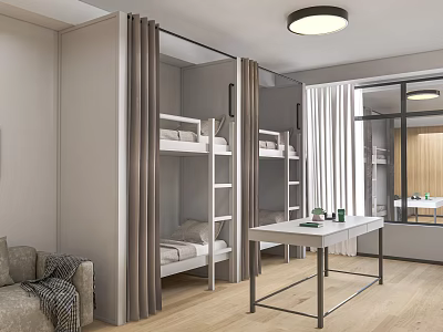 School Dormitory Interior With Bunk Beds Study Desk Sofa And Window 3d model
