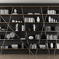 Modern Storage Shelving Unit With Books Decorative Sculptures Round Ornaments And Stacked Items