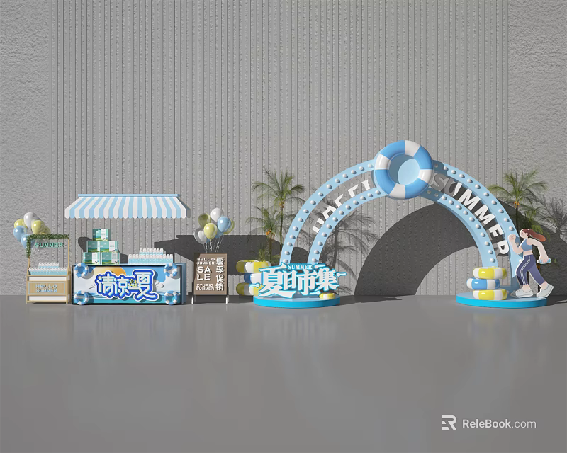 Summer Market Scene Featuring Colorful Booth Arch Ice Cream Stand Striped Canopy And Palm Trees 3d model 