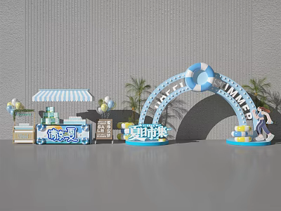 Summer Market Scene Featuring Colorful Booth Arch Ice Cream Stand Striped Canopy And Palm Trees 3d model