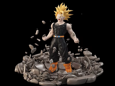 Game and Movie Character with Blonde Hair in Black Outfit Amid Crumbled Rocks 3d model