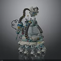 Turquoise And Silver Mechanical Robot Character With Coiled Pipes Antenna Circular Base And Multiple Legs
