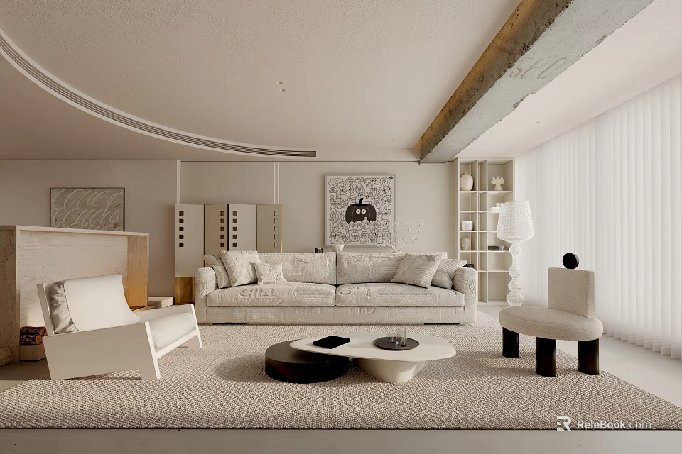 Modern Living Room Interior With White Sofa Round Coffee Tables Accent Chairs And Curved Ceiling 3d model 