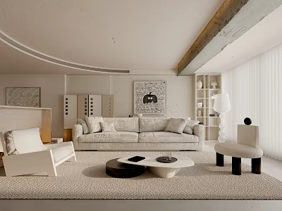 Modern Living Room Interior With White Sofa Round Coffee Tables Accent Chairs And Curved Ceiling 3d model