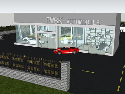 FWBK Automobile 4S Store Showroom With Glass Windows Red Sports Car And Fenced Area 3d model
