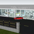 FWBK Automobile 4S Store Showroom With Glass Windows Red Sports Car And Fenced Area