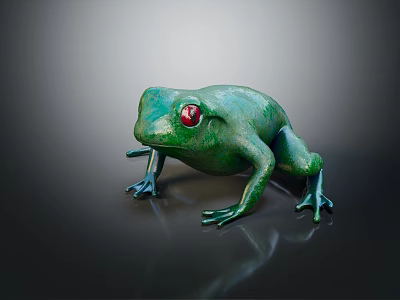 Green Frog Sculpture with Red Eyes on Dark Background and Reflection 3d model