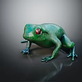 Green Frog Sculpture with Red Eyes on Dark Background and Reflection 3d model