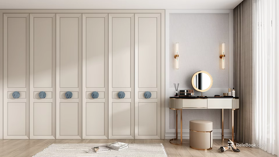 Modern Light Colored Dressing Table With Round Mirror Gold Legs Stool And Wall Sconces 3d model