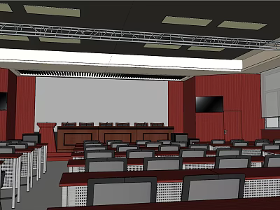 Conference Room Interior Design With Red Walls Podium Rows of Seats and Ceiling Lighting 3d model